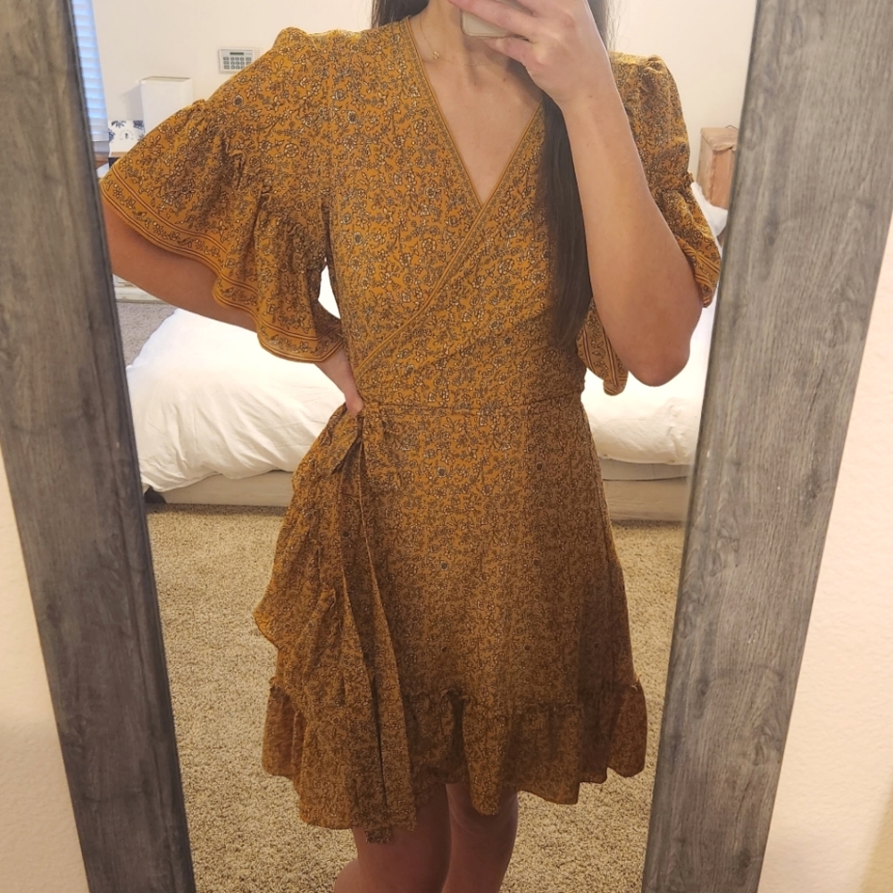 Yellow floral print wrap dress
